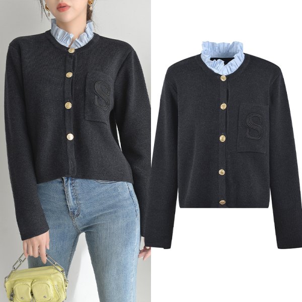 画像1: Women's Stand collar frilled collar cardigan sweater knit　スタンドカラーフリル襟 カーディガンセーターニット (1)