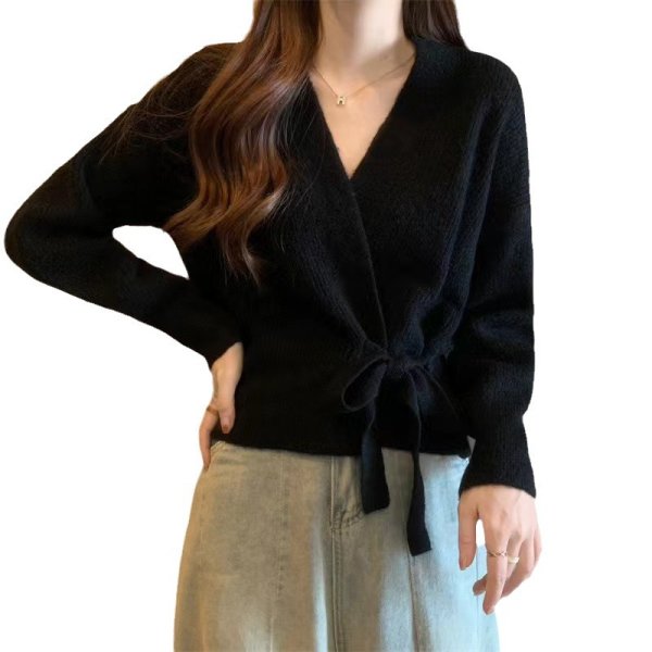 画像2: Women's Lace-up V-neck sweater cardigan knit jacket　レースアップラップV ネックセーターカーディガンニットジャケット (2)