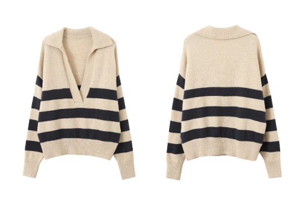 画像2: Women's Rugby knit striped loose pullover sweater knit jacket　ラガーボーダーストライプボーダーセーターニットジャケット (2)