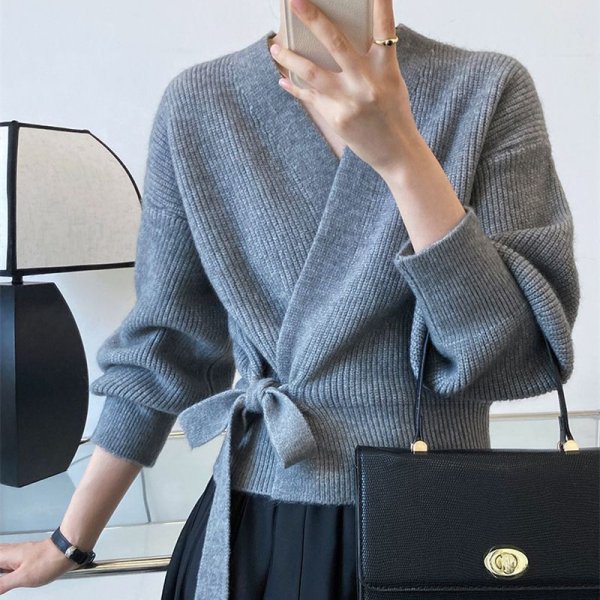 画像6: Women's Lace-up V-neck sweater cardigan knit jacket　レースアップラップV ネックセーターカーディガンニットジャケット (6)