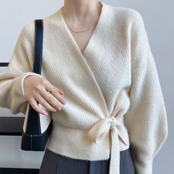 画像3: Women's Lace-up V-neck sweater cardigan knit jacket　レースアップラップV ネックセーターカーディガンニットジャケット (3)