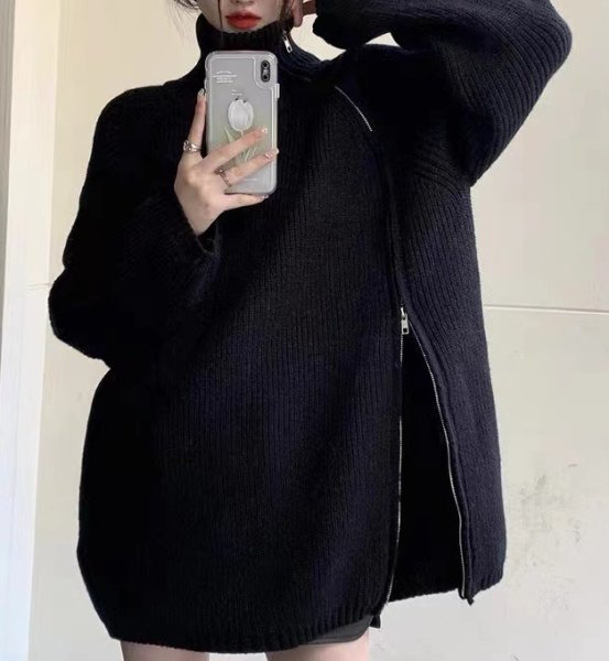 画像5: Women's Side zipper design turtleneck sweater knit jacket　サイドジップハイネックタートルセーターニットジャケット (5)