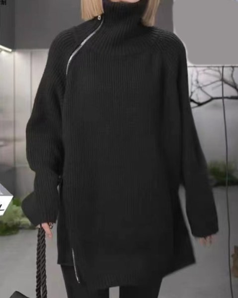 画像6: Women's Side zipper design turtleneck sweater knit jacket　サイドジップハイネックタートルセーターニットジャケット (6)