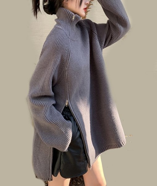画像10: Women's Side zipper design turtleneck sweater knit jacket　サイドジップハイネックタートルセーターニットジャケット (10)