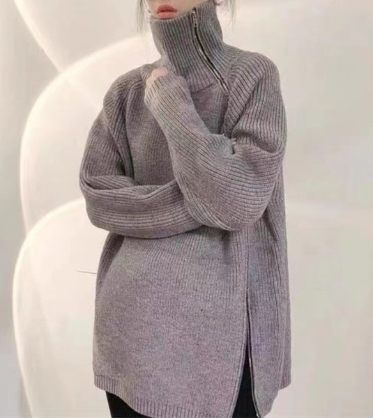 画像7: Women's Side zipper design turtleneck sweater knit jacket　サイドジップハイネックタートルセーターニットジャケット (7)