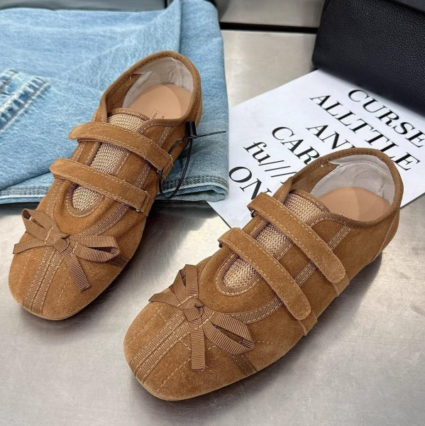 画像5: Velcro Nubuck Flat Ribbon Slip-on Pumps shoes 　ベルクロヌバックフラットリボン付きパンプススリッポンシューズ (5)