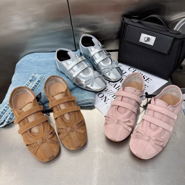 画像4: Velcro Nubuck Flat Ribbon Slip-on Pumps shoes 　ベルクロヌバックフラットリボン付きパンプススリッポンシューズ (4)