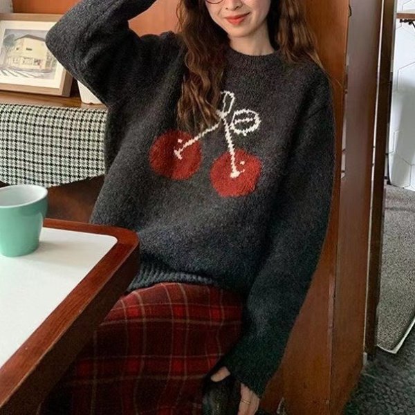 画像2: Women's Cherry Woven round neck sweater Knit　チェリー編み込みラウンドネックセーターニットジャケット (2)
