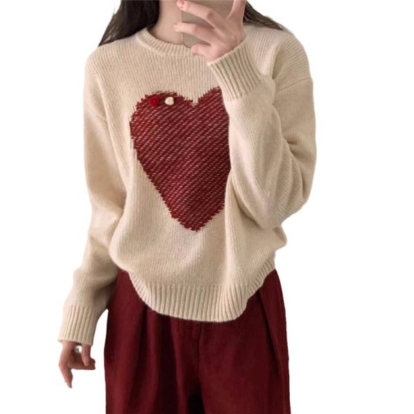 画像1: Women's Big Heart Knitted Round Neck Sweater knit 　ビッグハート編み込みラウンドネックセーターニットジャケット (1)