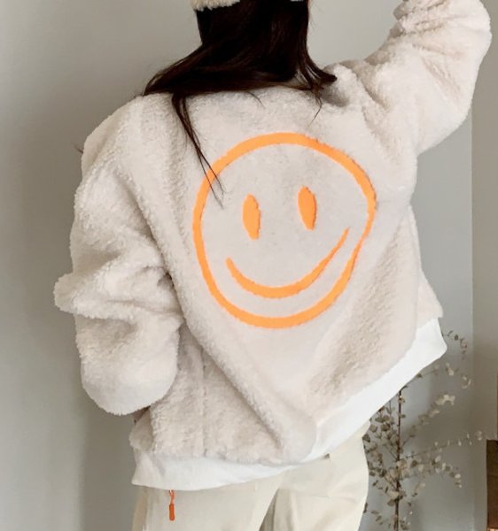画像2: Women's Smiley face embroidered fur jacket blouson 　ファースマイル刺繍ジップアップジャケット ブルゾンコート (2)