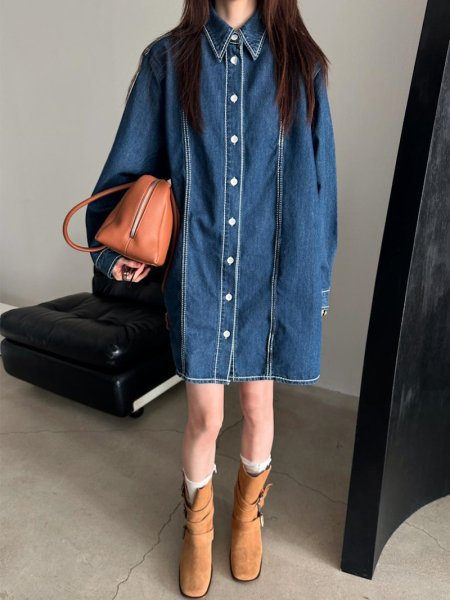画像4: Women's Denim long sleeve shirt dress  One piece　デニム長袖シャツワンピースドレス (4)