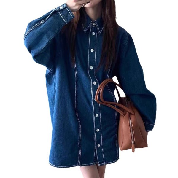 画像1: Women's Denim long sleeve shirt dress  One piece　デニム長袖シャツワンピースドレス (1)