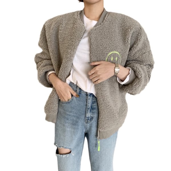 画像8: Women's Smiley face embroidered fur jacket blouson 　ファースマイル刺繍ジップアップジャケット ブルゾンコート (8)