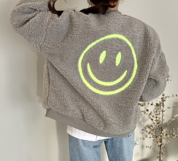 画像5: Women's Smiley face embroidered fur jacket blouson 　ファースマイル刺繍ジップアップジャケット ブルゾンコート (5)