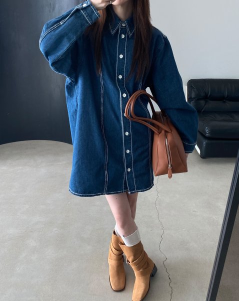 画像5: Women's Denim long sleeve shirt dress  One piece　デニム長袖シャツワンピースドレス (5)