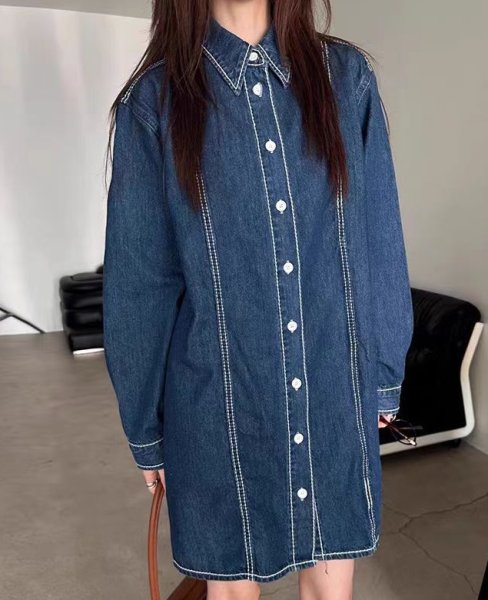 画像3: Women's Denim long sleeve shirt dress  One piece　デニム長袖シャツワンピースドレス (3)