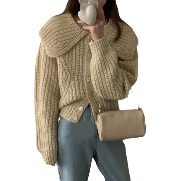 画像5: Women's Large lapel single-breasted long sleeve knitted cardigan sweater Knit　ビック襟シングルカーディガンセーターニットジャケット (5)