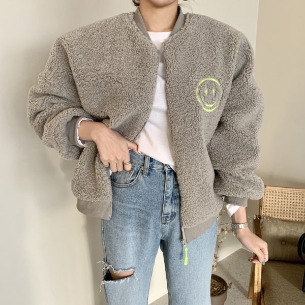 画像3: Women's Smiley face embroidered fur jacket blouson 　ファースマイル刺繍ジップアップジャケット ブルゾンコート (3)