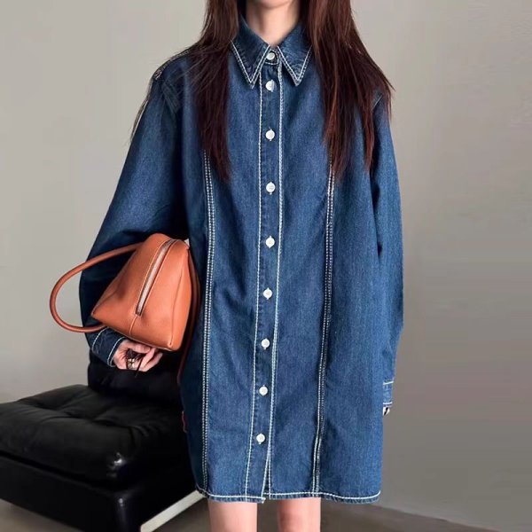画像2: Women's Denim long sleeve shirt dress  One piece　デニム長袖シャツワンピースドレス (2)
