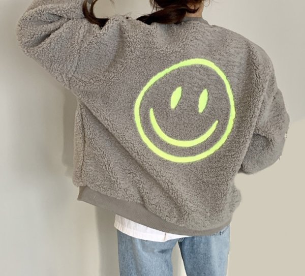 画像1: Women's Smiley face embroidered fur jacket blouson 　ファースマイル刺繍ジップアップジャケット ブルゾンコート (1)