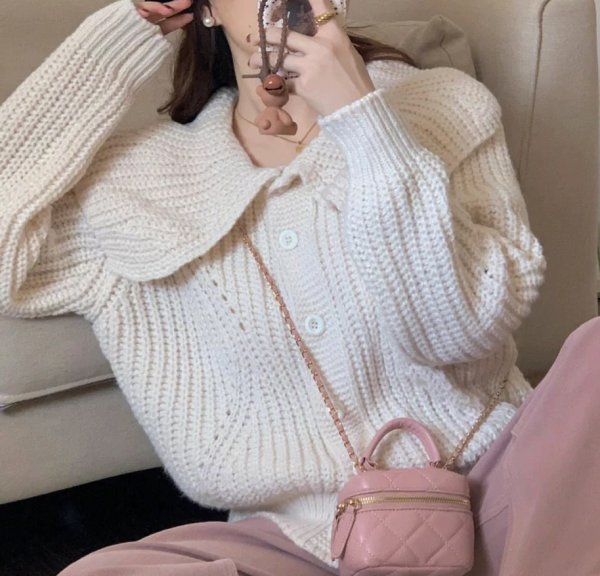 画像9: Women's Large lapel single-breasted long sleeve knitted cardigan sweater Knit　ビック襟シングルカーディガンセーターニットジャケット (9)