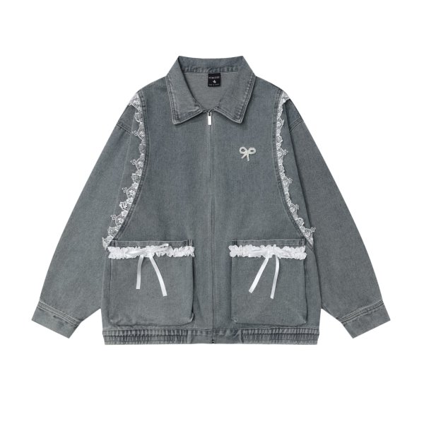 画像5: Women's Pearl ribbon splicing lace loose design zipper denim jacket coat blouson 　パールリボン＆レースジップアップデニムジャケット ブルゾンコート (5)