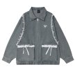 画像1: Women's Pearl ribbon splicing lace loose design zipper denim jacket coat blouson 　パールリボン＆レースジップアップデニムジャケット ブルゾンコート (1)