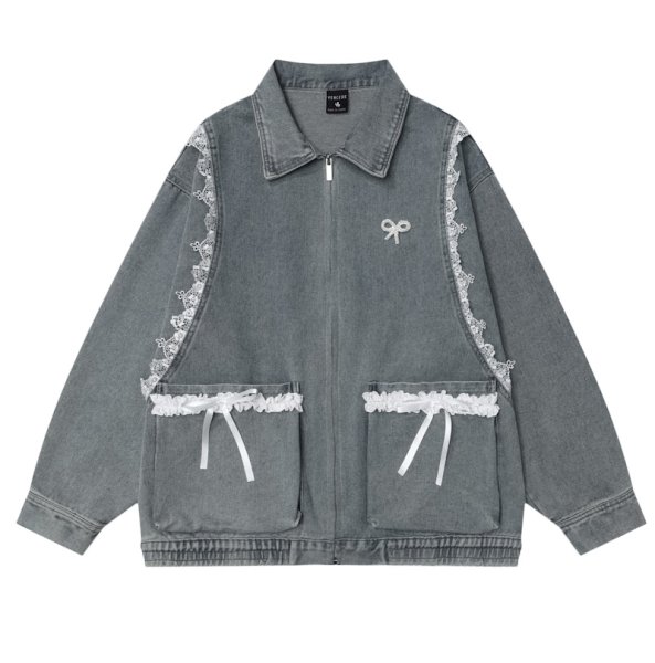 画像1: Women's Pearl ribbon splicing lace loose design zipper denim jacket coat blouson 　パールリボン＆レースジップアップデニムジャケット ブルゾンコート (1)