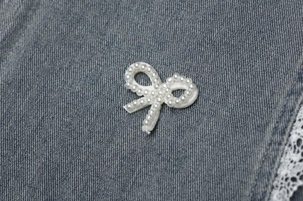 画像3: Women's Pearl ribbon splicing lace loose design zipper denim jacket coat blouson 　パールリボン＆レースジップアップデニムジャケット ブルゾンコート (3)