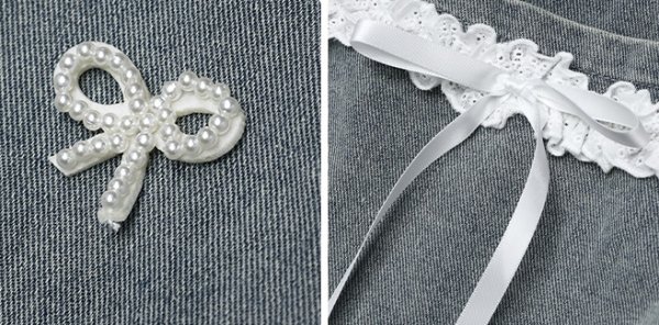 画像4: Women's Pearl ribbon splicing lace loose design zipper denim jacket coat blouson 　パールリボン＆レースジップアップデニムジャケット ブルゾンコート (4)