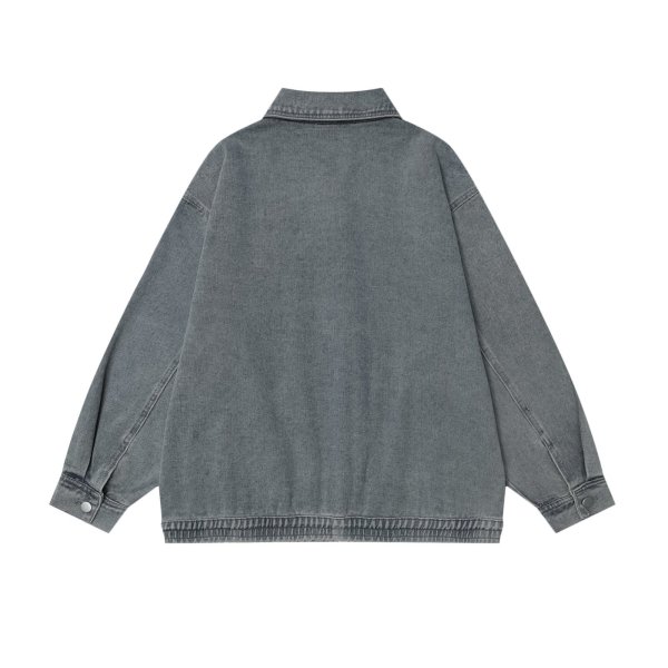 画像2: Women's Pearl ribbon splicing lace loose design zipper denim jacket coat blouson 　パールリボン＆レースジップアップデニムジャケット ブルゾンコート (2)