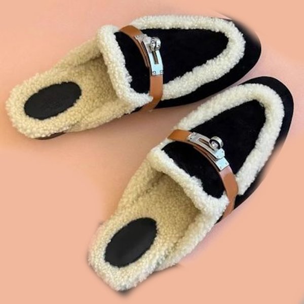 画像4: Low heel fur boa mules slippers moccasin sandals Pumps shoes 　ローヒールファーボアミュール  スリッパ モカシンサンダルパンプスシューズ (4)