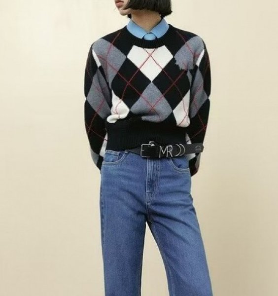 画像2: Women's Short argyle round neck sweater knit　アーガイル長袖ラウンドネックセーターニット (2)