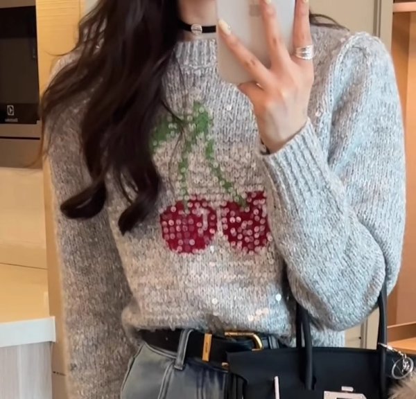 画像3: Women's Cherry braid sequins long sleeve sweater knit　チェリー編み込みスパンコール付き長袖セーターニット (3)