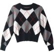 画像1: Women's Short argyle round neck sweater knit　アーガイル長袖ラウンドネックセーターニット (1)