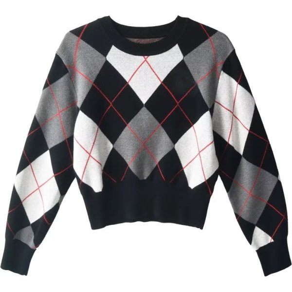 画像1: Women's Short argyle round neck sweater knit　アーガイル長袖ラウンドネックセーターニット (1)