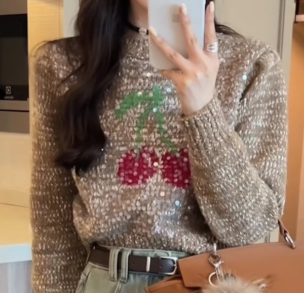 画像4: Women's Cherry braid sequins long sleeve sweater knit　チェリー編み込みスパンコール付き長袖セーターニット (4)
