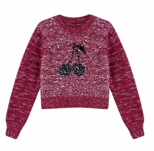 画像2: Women's Cherry braid sequins long sleeve sweater knit　チェリー編み込みスパンコール付き長袖セーターニット (2)
