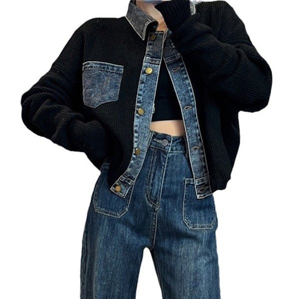 画像1: Women's Denim switching rib knit jacket cardigan sweater　デニム 切替 リブニット ジャケットカーディガンセータージャケット (1)
