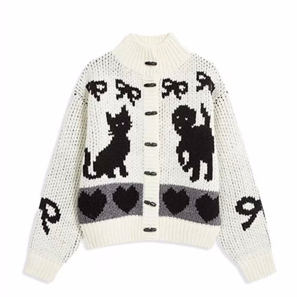 画像5: Women's Stand collar Maillard retro thickened cardigan sweater jacket　ポップハート&リボン編み込み ジャケットカーディガンセータージャケット (5)