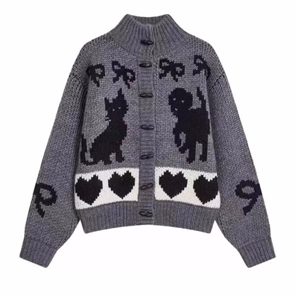 画像4: Women's Stand collar Maillard retro thickened cardigan sweater jacket　ポップハート&リボン編み込み ジャケットカーディガンセータージャケット (4)