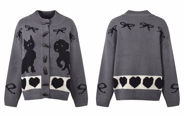 画像1: Women's Stand collar Maillard retro thickened cardigan sweater jacket　ポップハート&リボン編み込み ジャケットカーディガンセータージャケット (1)