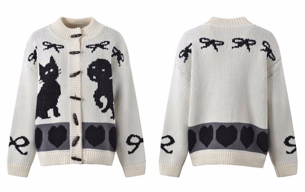 画像2: Women's Stand collar Maillard retro thickened cardigan sweater jacket　ポップハート&リボン編み込み ジャケットカーディガンセータージャケット (2)