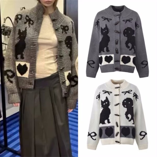 画像3: Women's Stand collar Maillard retro thickened cardigan sweater jacket　ポップハート&リボン編み込み ジャケットカーディガンセータージャケット (3)