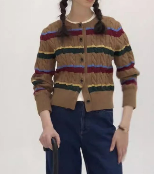 画像4: Women's Colorful Border Round Neck Long Sleeve Cardigan Sweater Knit　カラフルボーダー長袖ラウンドネックカーディガンセーターニット (4)