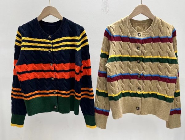 画像2: Women's Colorful Border Round Neck Long Sleeve Cardigan Sweater Knit　カラフルボーダー長袖ラウンドネックカーディガンセーターニット (2)