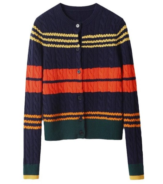 画像1: Women's Colorful Border Round Neck Long Sleeve Cardigan Sweater Knit　カラフルボーダー長袖ラウンドネックカーディガンセーターニット (1)