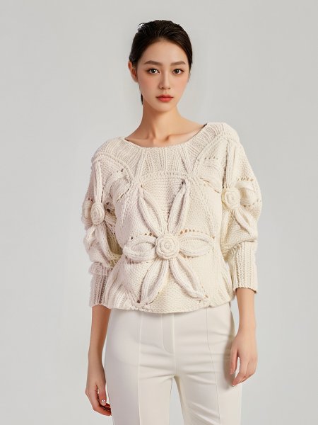 画像4: Women's Off-white hook pattern hollow loose raglan sleeve square neck sweater Knit　オフホワイトフックフラワーモチーフパターンラグランスリーブセーターニット (4)