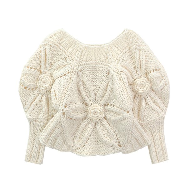 画像8: Women's Off-white hook pattern hollow loose raglan sleeve square neck sweater Knit　オフホワイトフックフラワーモチーフパターンラグランスリーブセーターニット (8)