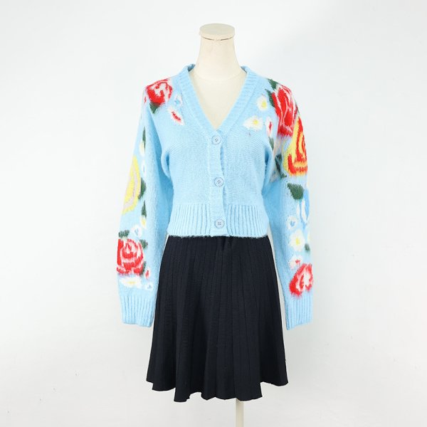 画像5: Women's V-neck flower motif knitted short cardigan sweater Knit　フラワーモチーフ編み込みショート丈長袖Vネックカーディガンセーターニット (5)